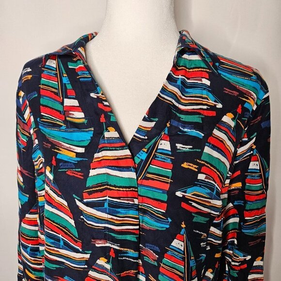 Soft Surroundings Size Large Multicolor Sailboat on Navy Blue Long Sleeve Shirt - Picture 2 of 11